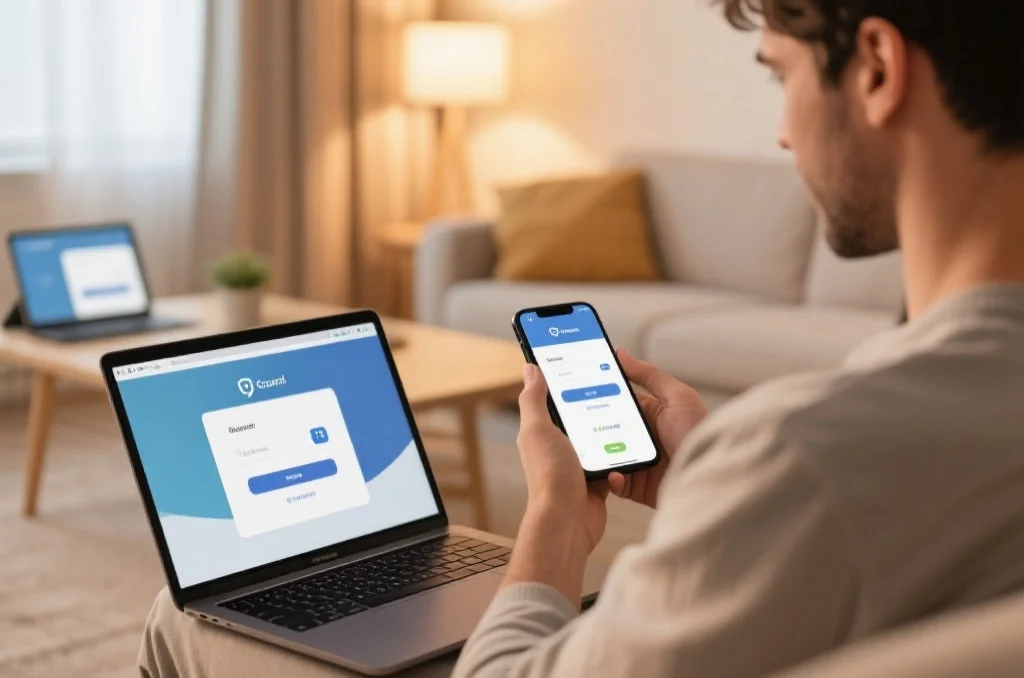 一名用户在家中同时使用笔记本电脑和智能手机登录账户，屏幕界面简洁，环境温馨，体现多设备安全使用场景