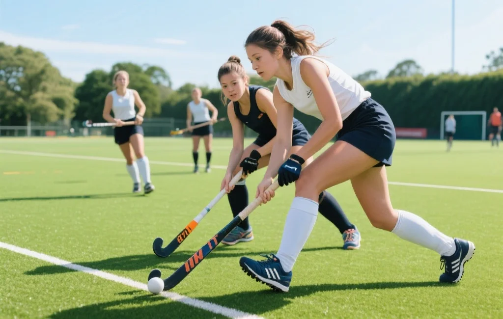 女子曲棍球队在绿茵草地上奋力拼抢小球，阳光明媚，动作迅猛