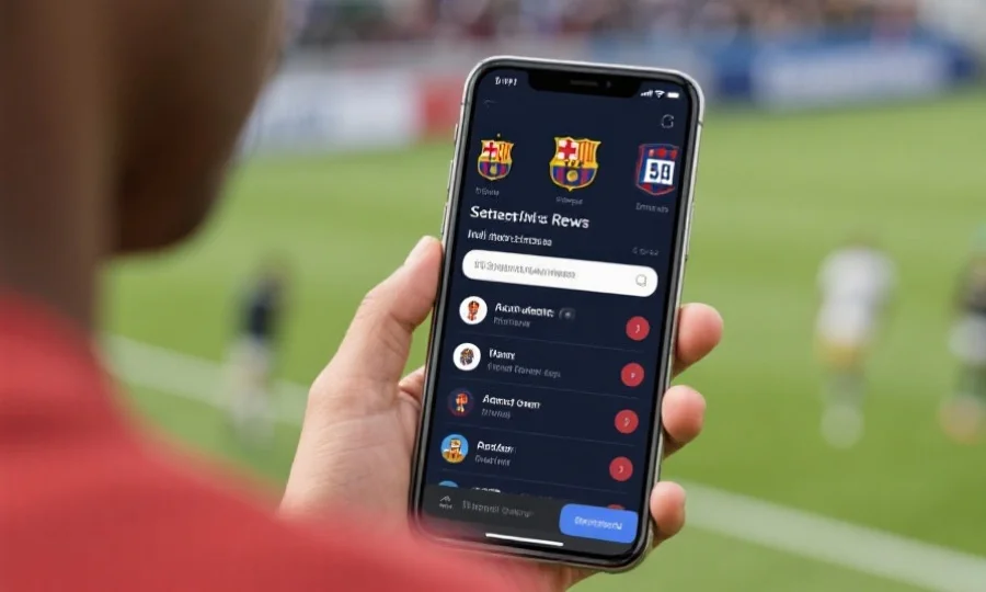 展示一位用户在移动设备上订阅体育新闻提醒，界面显示赛事、球队和运动员的选择列表